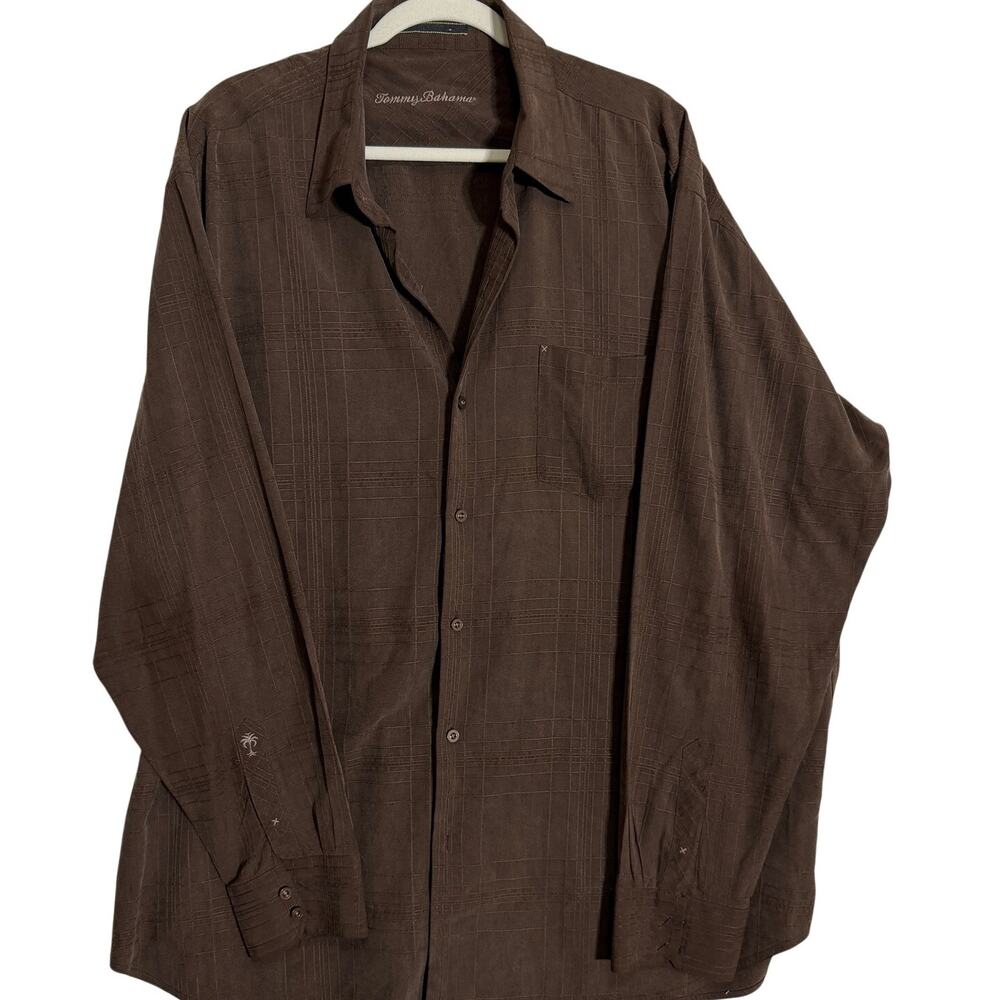 Tommy Bahama Silk Shirt Mens XXL Brown Plaid Long Sleeve Button Front